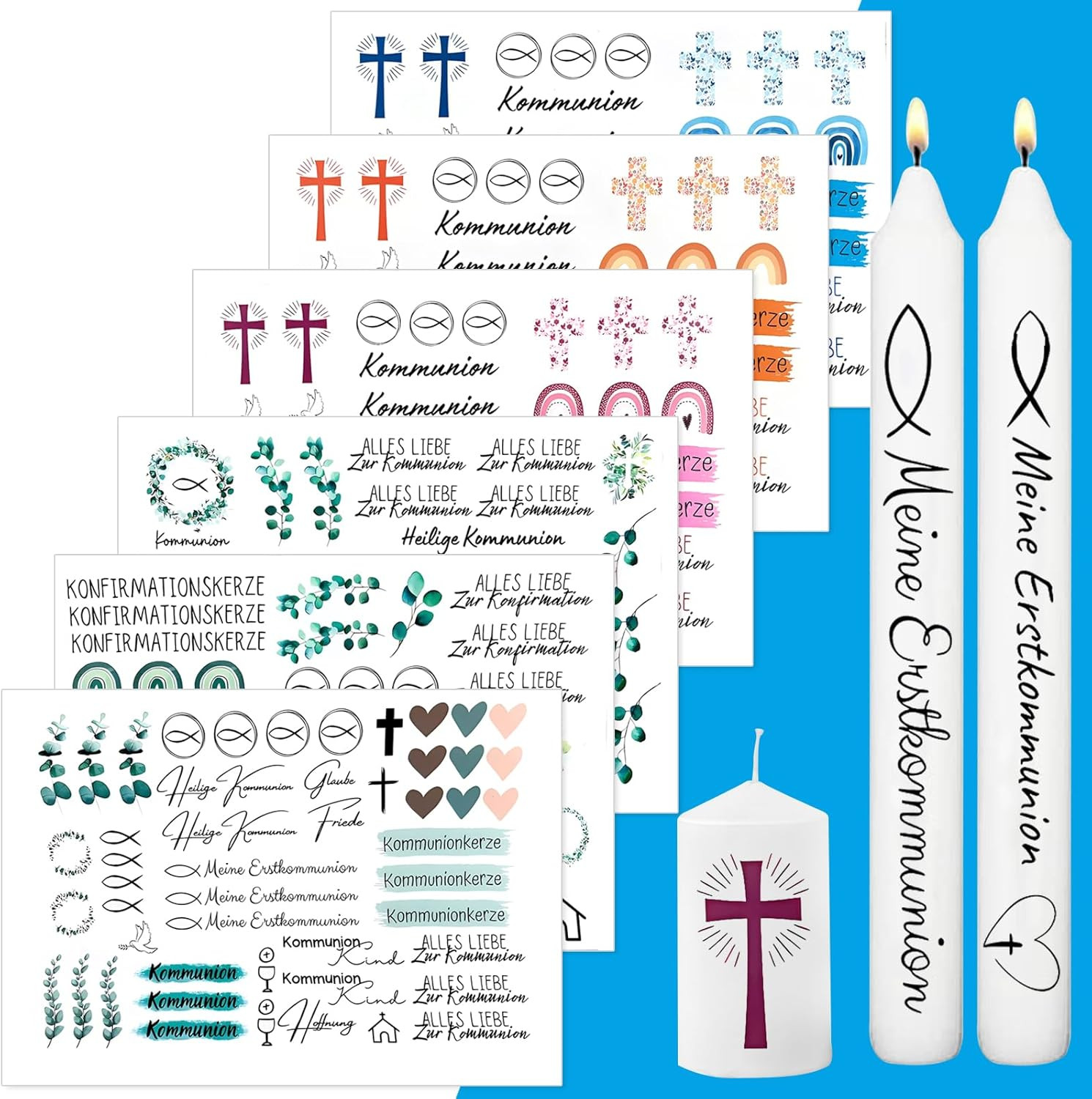 Kerzen tattoos Kommunion,6 Stück A5 KerzentattooWasserschiebefolie,Konfirmation