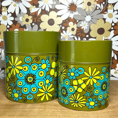 Vintage Daisy Canister Set 2 Blue & Green HTF Metal Tin Flower Power 70s Japan