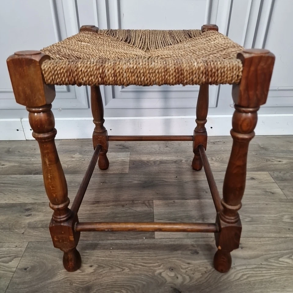 Retro Vintage Solid Wooden Turned Rush Rope Top Foot Stool Rest Seat - Image 4 of 4