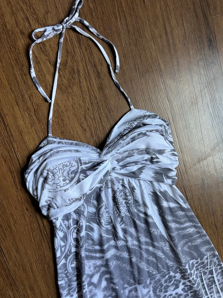 Maxi Vestido Vintage Y2K Grande Gráfico Cachemira Halter Elastizado Tejido Playa Grunge Foto 3 de 4