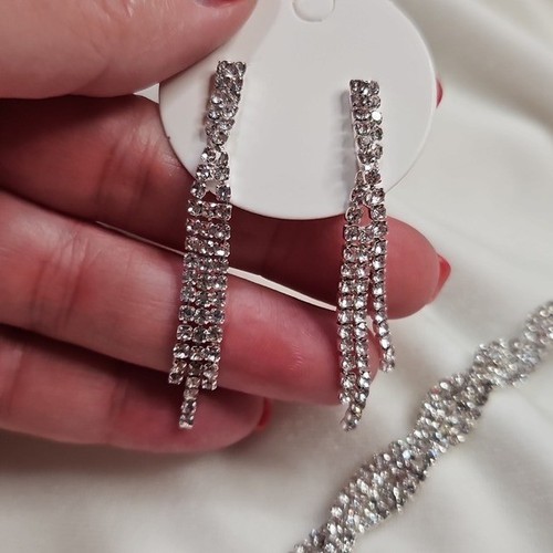 Set 3 pezzi donna strass argento moda ballo festa gioielli eleganti nuovi - Foto 7 di 7