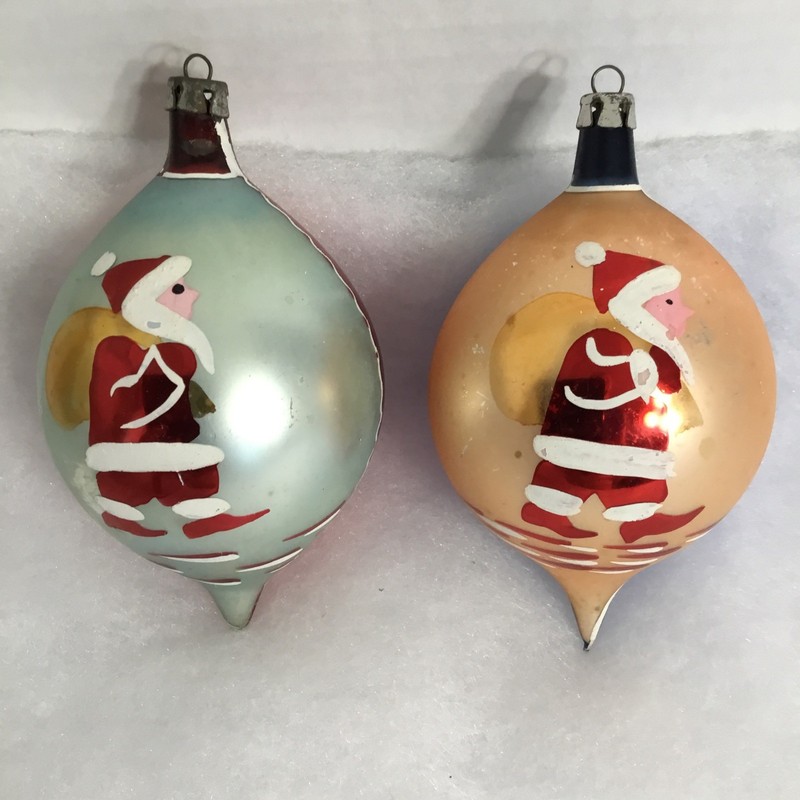 2 Vintage Poland Hand Painted Santa Glass Teardrop Ornaments 4 1/4”