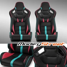 Black with Red/Blue PVC Reclinable VIPER-Series Racing Seats Pair W/Slider