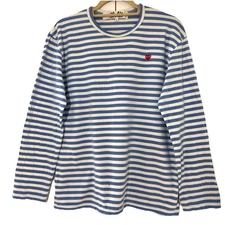 Comme Des Garcons Play T Shirt Womens L Blue Striped Long Sleeve Mini Heart Logo
