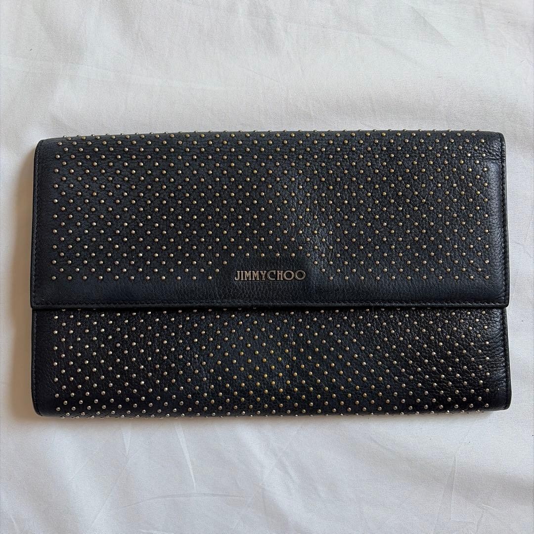 JIMMY CHOO Black Leather Clutch Bag with Gold Studded From Japan