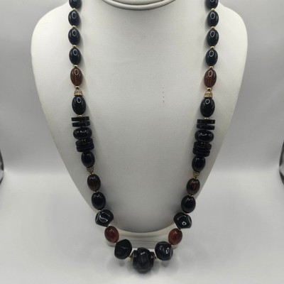 Trifari Vintage Black and Amber Resin Bead Necklace Gold Tone Hardware