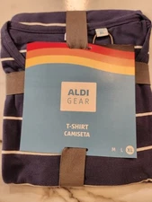 XL ALDI GEAR Blue Striped Crew Neck Relaxed Boxy Fit Logo T-Shirt Womens