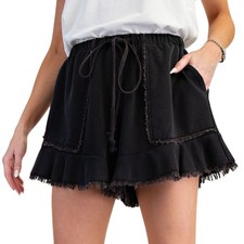 Easel Womens Ruffle Frill Raw Edge Washed Drawstring Shorts- Ash