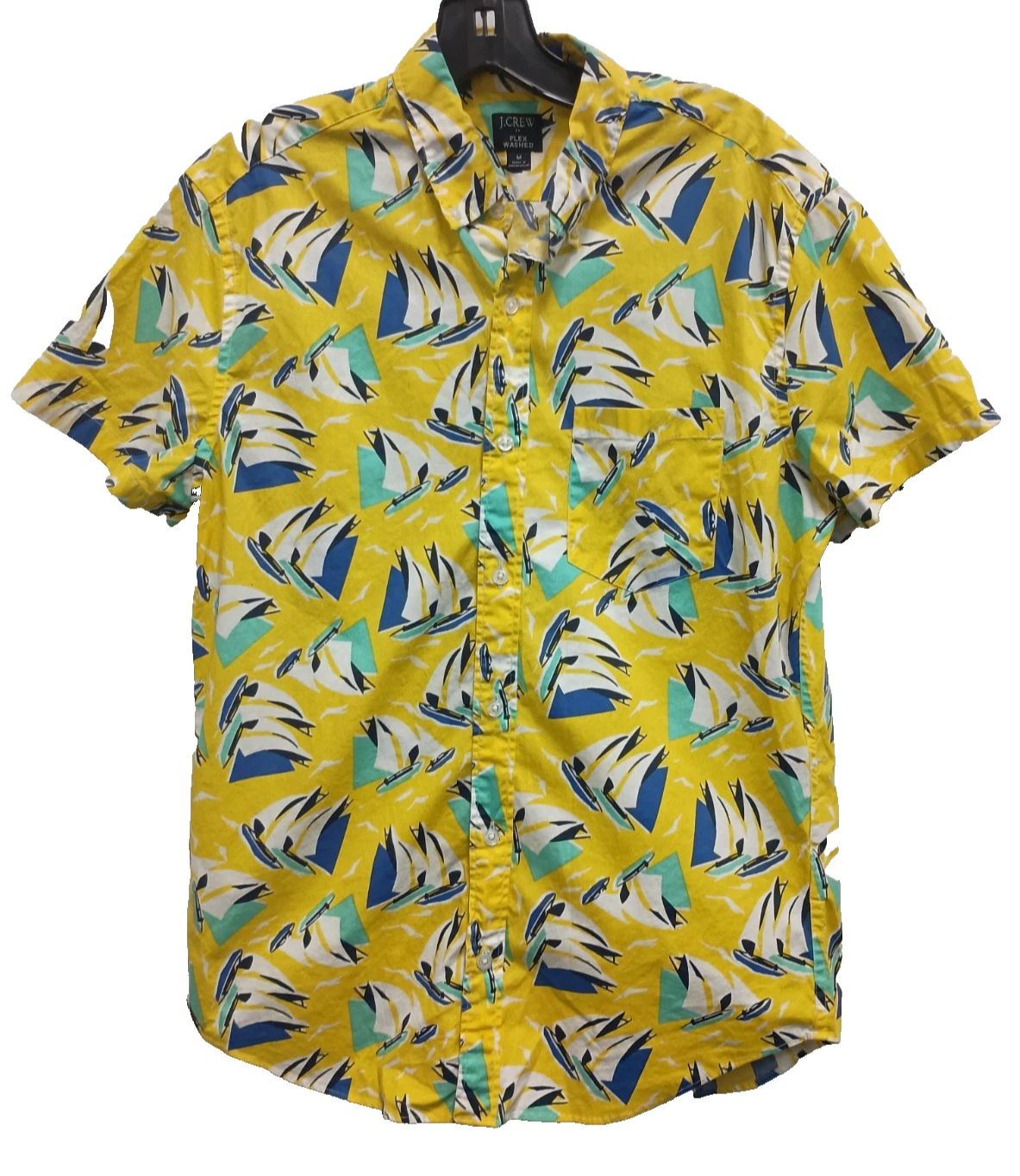 J. Crew Mens Shirt Medium Yellow Sail Boat Print Short Sleeve Flex Washed Preppy