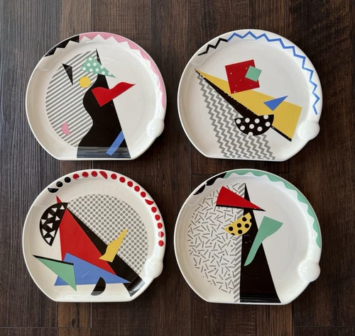 Set of 4 Fujimori Kato Kogei Post Modern Art Dinner Plates Vtg Carnival 80's