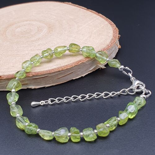 Bracelet Raw Peridot Beaded Nuggets Natural Olive Green Gemstone Silver Plated - Picture 14 of 16