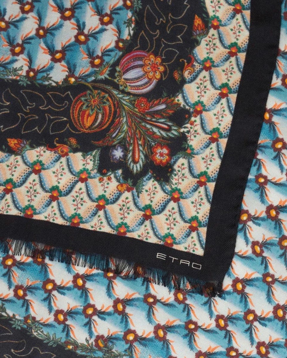 ETRO Cashmere & Silk Floral Scarf in Aqua & Black $695 | eBay