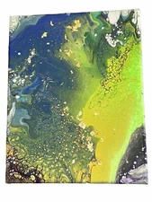 Modern Acrylic Marbleized Freeform Green Grey Purple White Black Canvas 11” 14”