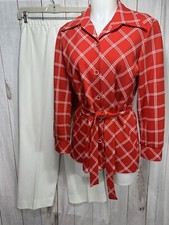 Vintage 1960  s 70  s Country Miss 16 Red Plaid Shirt Polyester Bell Bottom Pants