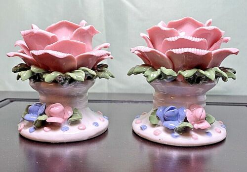 Vintage pink rose taper holders - Picture 1 of 8
