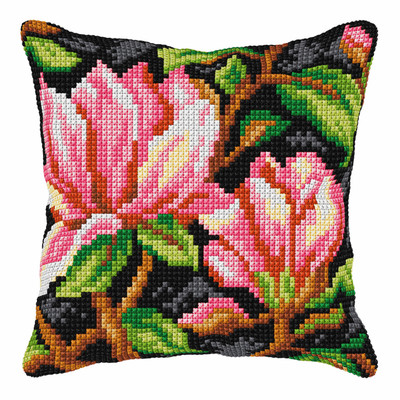 Orchidea Cross Stitch Kit: Cushion: Large: Flowers on Black Background