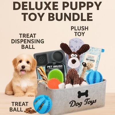 Dog Gift Basket New Puppy Starter Kit - 10pc Toys Treats Grooming-Holiday Ready