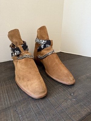 AMIRI Chain Embellished Bandana Tan Suede Buckled Boots Size 43.5