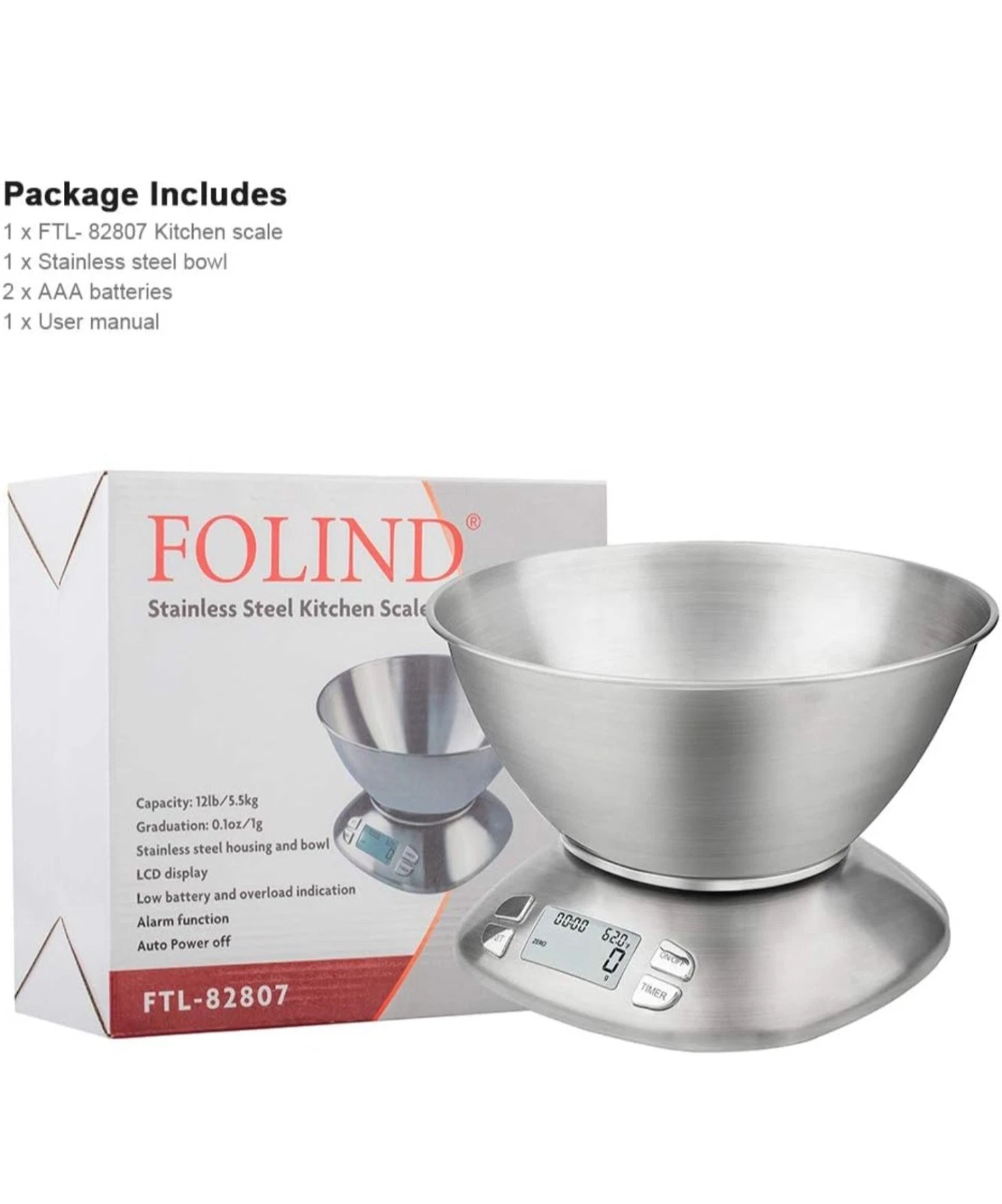 Digital Kitchen Scale with 2.5L Removable Bowl 12lb/5.5kg Timer Stainless
