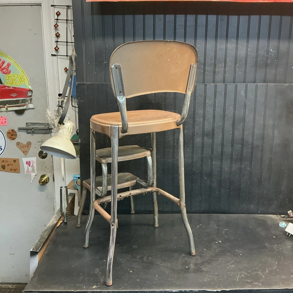 Mid  Century Cosco Retro Style Farmhouse Counter Chair/Step Stool Chrome Tan - Image 4 of 4