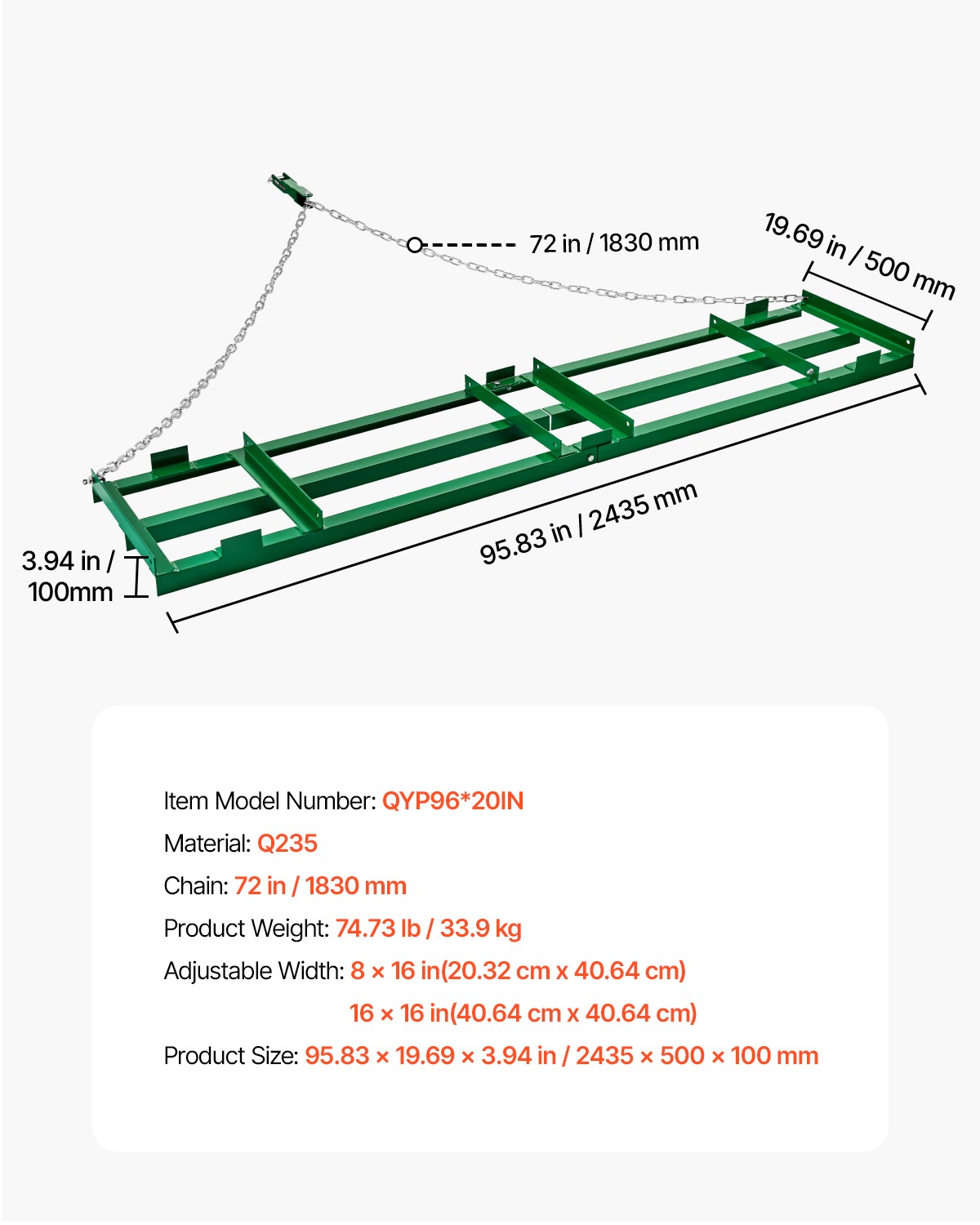 VEVOR Drag Harrow 8 ft Heavy Duty Tow Behind Drag Harrow Driveway Grader Rake