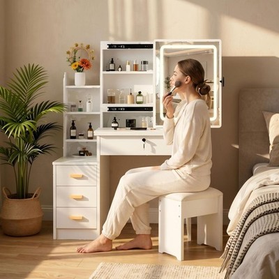 Vanity Desk with Sliding Mirror and Lights, Makeup Vanity Set with 4 Drawers