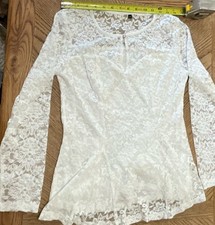 White Floral Lace Button Round Neck Long Sleeve Blouse Size S