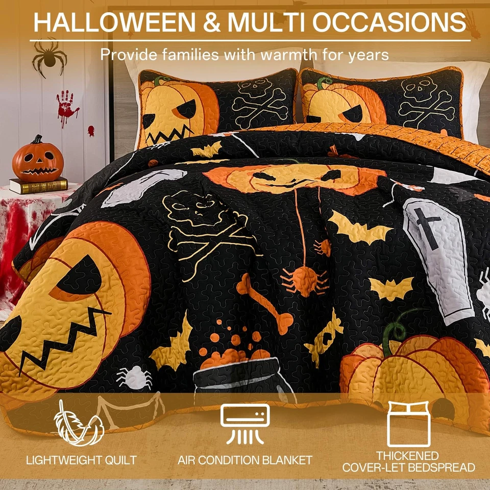 Juego de colcha de Halloween tamaño queen calavera calabaza negro naranja tema colcha Hol... Foto 3 de 4