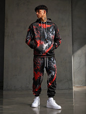 Men's Wolf Graphic Hoodie Tapered Jogger Pants 2pc Sweatsuit Set L