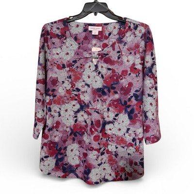 NWT Allison Daley Floral Print Shirt | 2XL |Quarter Length Sleeve |Rhinestones