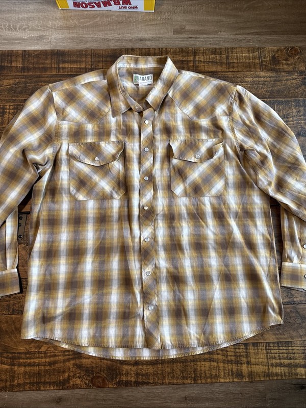 Sz XL Vintage Haband Shirt Mens Brown Beige Plaid Pearl Snap Western Long Sleeve