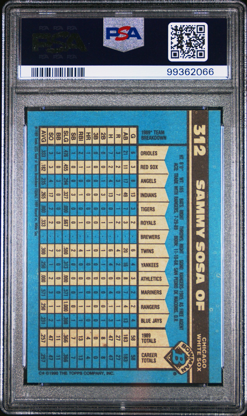 1990 BOWMAN #312 SAMMY SOSA ROOKIE RC PSA 9 view 2