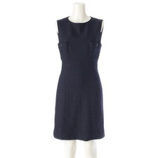 CHANEL 96P Wool Coco Button Tweed Sleeveless One Piece Dress P06304 Navy 38 F/S