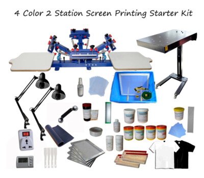 4 Color 2 Station Screen Printing Full Starter Kit T-Shirt Press& Materials Kit