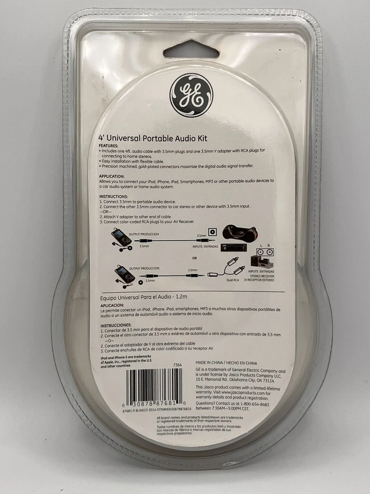 GE Audio Universal Kit 4 ft Cord Black 3.5mm To RCA 6.3mm & Y Split iPhone 87681 - Image 3 of 4