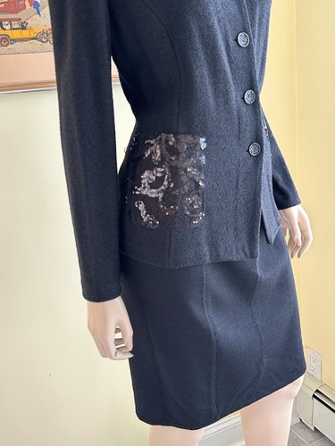 New Vtg ST JOHN Sz 16/XL Black Sequin Stretch Wool-Knit Boucle Silk/Mesh Blazer - Picture 9 of 19