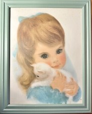 Vintage Northern Tissue Girl w/Kitten Framed Litho Print Frances Hook Big Eyes