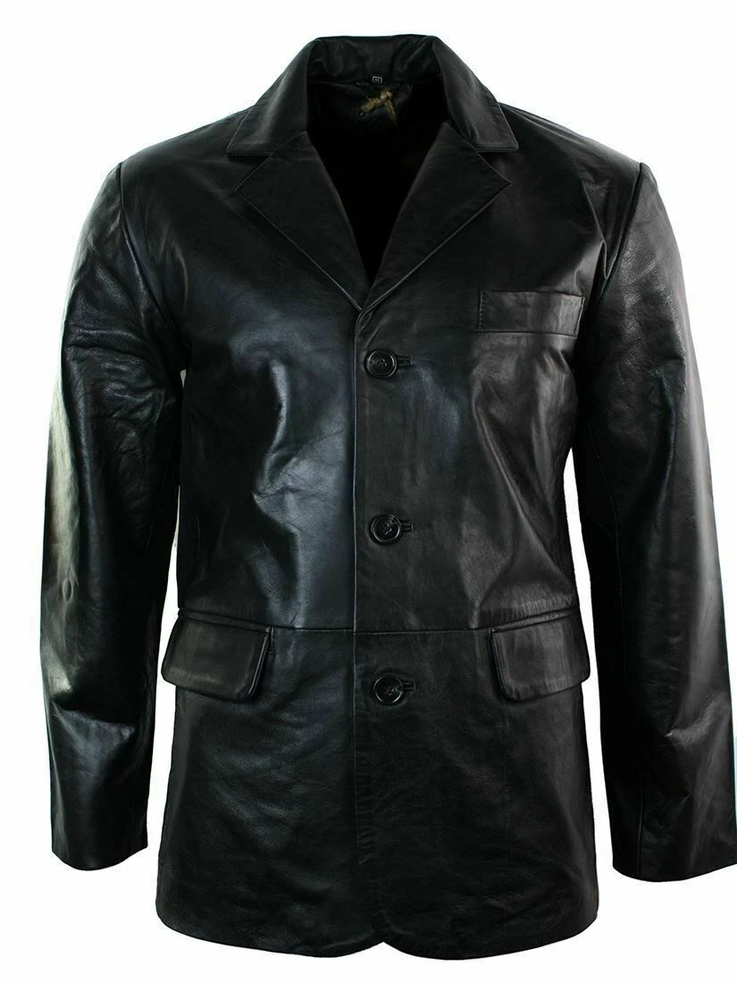 Mens Black Leather Blazer Real Lambskin 3 BUTTON Coat Jacket Size S M L XL - 120