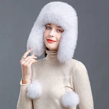 Women's Ushanka Fox Fur Hat Fluffy Warmer Winter Casual Cossack Ski Cap Ladies