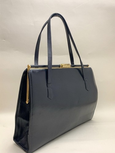 Ackery Large Vintage 1950s Blue Leather Handbag Buff Suede Lining & Elbief Frame - Picture 3 of 24