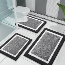 Soft Absorbent Microfiber Bath Rug Set 3 Piece - Non-Slip Bathroom Mats Black