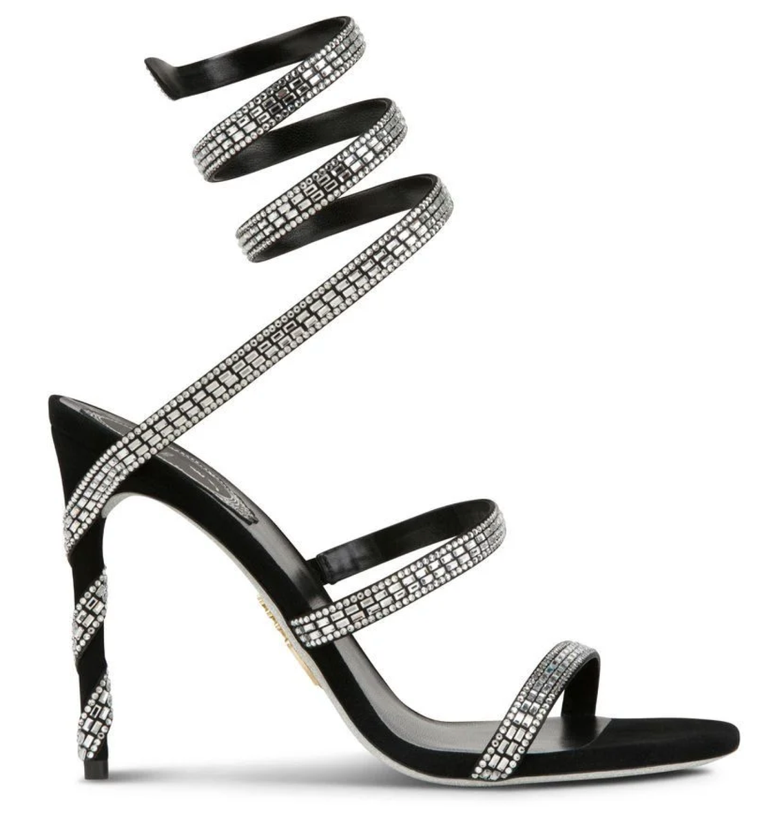 Rene Caovilla Margot Black Silver Crystal Ankle Wrap Strap Sandal