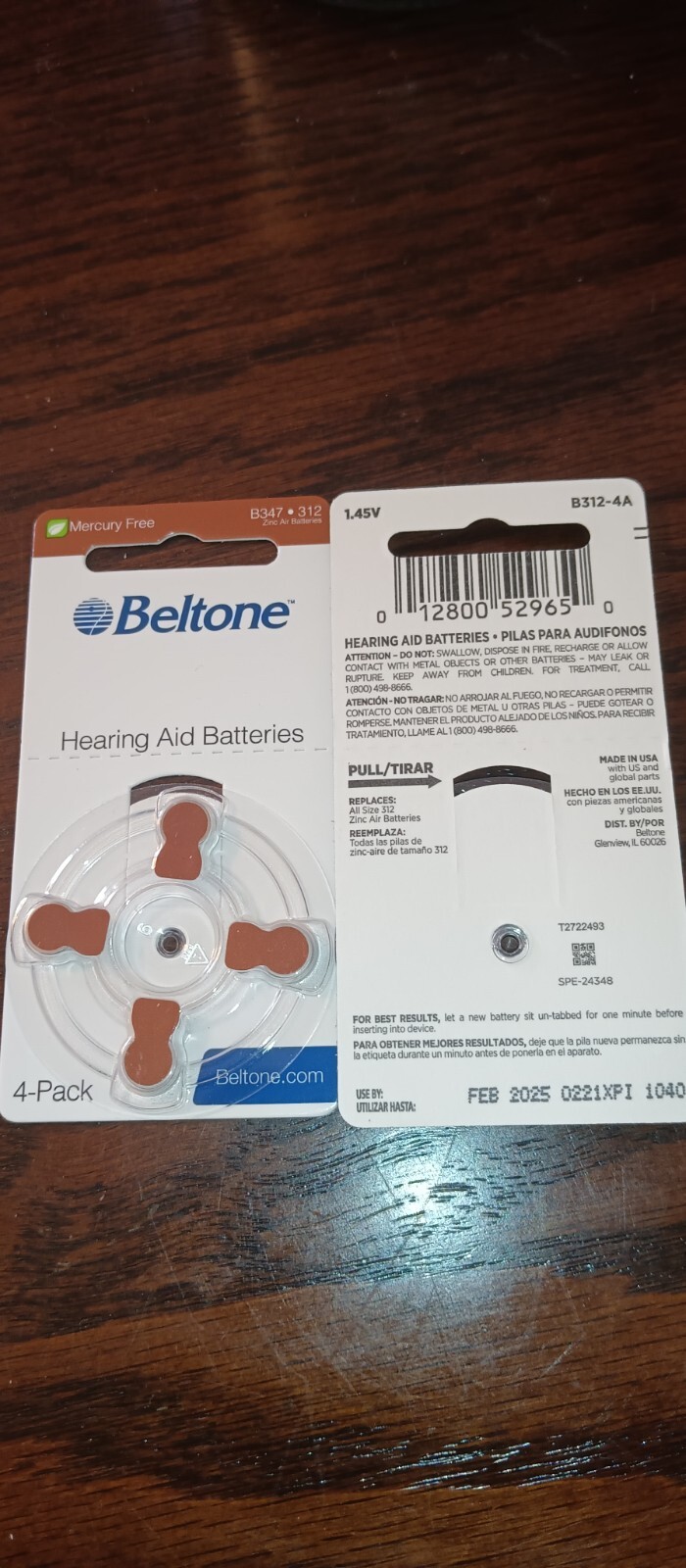 4 Pack Beltone Hearing Aid Zinc Air Batteries B347 312 Mercury Free
