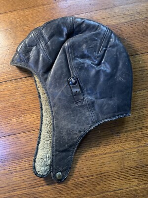 WWI or WWII AAF leather sheepskin fur flying helmet hat