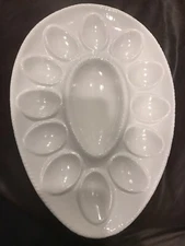 Vintage Atlantic Mold White Ceramic Deviled Egg Platter Tray Carrier