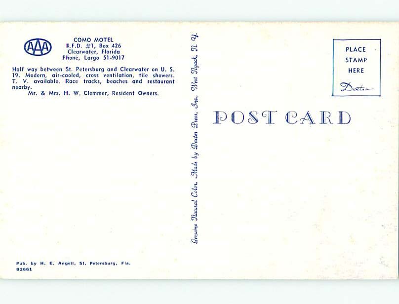 Unused 1950's OLD CARS & COMO MOTEL Clearwater Florida FL clearance