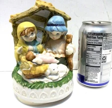 Vtg Ceramic Nativity Music Box Silent Night Taiwan Child figures  See hear VIDEO