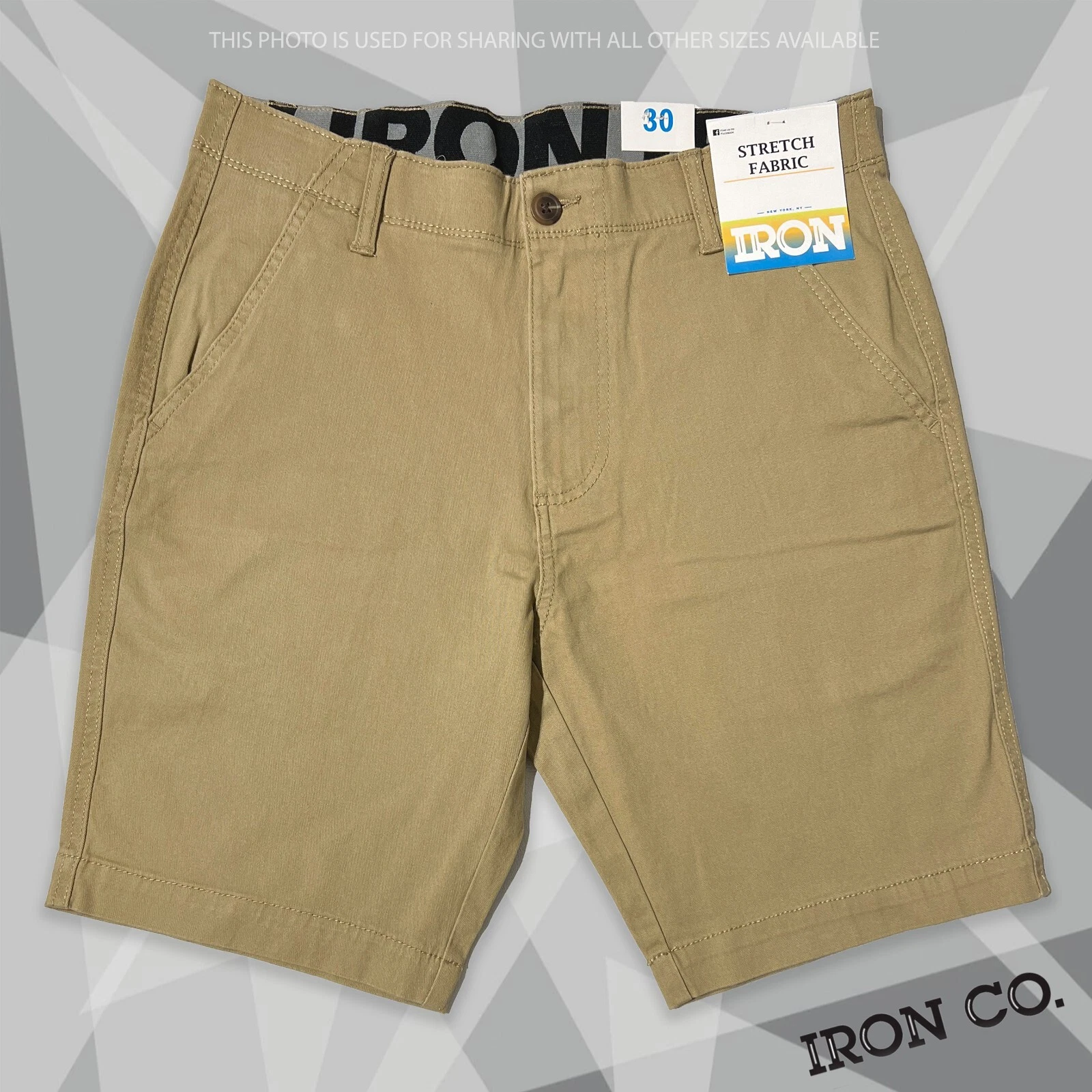 New IRON CO. Men's Stretch Waist Flat Front Shorts Boardwalk (Khaki Color)