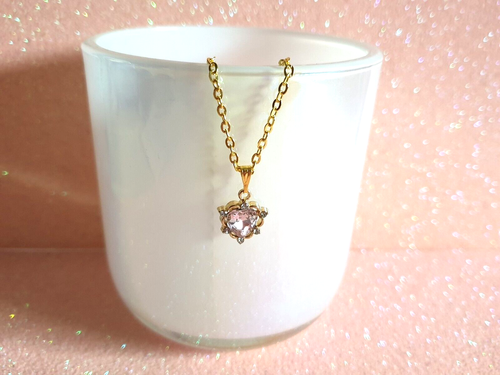 💗Pretty Pink/Clear Rhinestone Heart Charm Pendant Gold Plated Necklace💗 - Picture 7 of 9