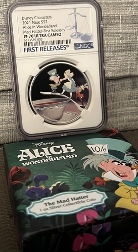 2021 NIUE $2 1oz Disney Characters ALICE IN WONERLAND Mad Hatter NGC PF70 UC - Picture 3 of 4